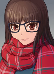 Rule 34 | 1girl, brown eyes, brown hair, closed mouth, glasses, highres, looking at viewer, original, plaid, plaid scarf, red scarf, scarf, smile, solo, upper body, yclok