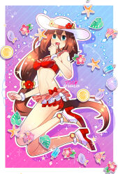 Rule 34 | 1girl, :d, android, anklet, aqua eyes, armlet, bikini, border, bow, breasts, brown hair, clenched hands, commentary request, dot nose, drop shadow, eyes visible through hair, facing to the side, fish, flower, flower ornament, food, frilled bikini, frills, fruit, full body, gem (symbol), gradient background, hair between eyes, hand up, happy, hat, hat flower, high heels, highres, iris (mega man), jewelry, joints, leaf, legs up, light blush, long hair, looking to the side, looking up, low-tied long hair, medium breasts, mega man (series), mega man x (series), mega man x dive, no navel, open mouth, orange (fruit), outline, popsicle, purple innertube, red bikini, red bow, red flower, red footwear, rikka (user hruv2435), robot joints, slit pupils, smile, solo, sparkle, sparkle background, star (symbol), starfish, striped, striped background, sun hat, sun hat ornament, swimsuit, thick outlines, twitter username, very long hair, white border, white hat, white outline