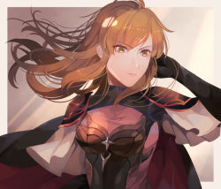 Rule 34 | 1girl, black gloves, blonde hair, breasts, cleavage cutout, closed mouth, clothing cutout, dappled sunlight, elbow gloves, fire emblem, fire emblem: genealogy of the holy war, gloves, kabitakamaboko, lachesis (fire emblem), light rays, long hair, looking away, nintendo, official alternate costume, simple background, solo, sunlight, upper body, yellow eyes