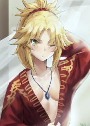 Rule 34 | 1girl, arm behind head, blonde hair, blush, breasts, cleavage, collarbone, content rating, eyebrow cut, fate/apocrypha, fate (series), frown, green eyes, highres, looking at viewer, mordred (fate), mordred (fate/apocrypha), necktie, one eye closed, painterly, ponytail, short hair, small breasts, solo, tonee