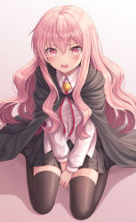 Rule 34 | 1girl, cape, highres, hood, hooded cape, kneeling, long hair, looking at viewer, louise francoise le blanc de la valliere, pentagram, pink background, pink eyes, pink hair, pleated skirt, seungju lee, shadow, shirt, simple background, skirt, solo, thighhighs, wavy hair, white shirt, zero no tsukaima