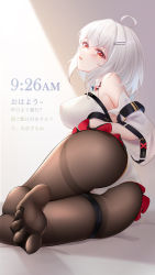 Rule 34 | 1girl, ahoge, ass, black pantyhose, blush, breasts, feet, hair between eyes, hair ornament, hairclip, highres, large breasts, looking at viewer, medium hair, paid reward available, pantyhose, parted lips, red eyes, see-through, soles, thigh strap, toes, translated, white hair