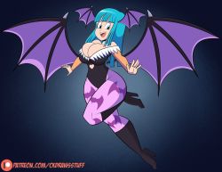 Rule 34 | 1girl, artist name, bat wings, blue eyes, blue hair, breasts, capcom, cosplay, curvy, demon girl, dragon ball, dragonball z, female focus, full body, happy, highleg, highleg leotard, highres, large breasts, leotard, long hair, looking at viewer, maron (dragon ball), morrigan aensland, morrigan aensland (cosplay), open mouth, pantyhose, patreon, solo, vampire (game), wings
