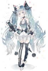 Rule 34 | 1girl, :d, absurdres, asymmetrical gloves, asymmetrical legwear, bare shoulders, black footwear, black gloves, black thighhighs, blue eyes, blue hair, blue vest, blush, boots, bow, bowtie, commentary request, dress, elbow gloves, gloves, hair ornament, hat, hatsune miku, highres, long hair, looking at viewer, magical mirai miku, magical mirai miku (2019), microphone, mini hat, mini top hat, mismatched legwear, open mouth, pleated dress, red bow, red bowtie, siho (ricchil), single elbow glove, smile, solo, sparkle, star (symbol), thigh boots, thighhighs, tilted headwear, top hat, twintails, uneven gloves, very long hair, vest, vocaloid, white background, white dress, white hat