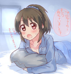 Rule 34 | 1girl, bed, blanket, blue shirt, blush, breasts, brown hair, cleavage, collared shirt, lying, open mouth, original, pillow, pink eyes, ponytail, shirt, solo, sweat, tong (freedom2000), window