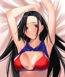 Rule 34 | 1girl, armpits, arms up, bed, bed sheet, black hair, blue eyes, blush, boku no hero academia, bra, breasts, cleavage, clothes lift, collarbone, hair down, highres, large breasts, looking at viewer, messy hair, pov, red bra, sheet grab, shirt lift, solo, talnory, underwear, yaoyorozu momo
