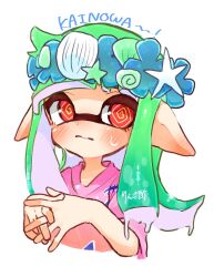 Rule 34 | 1girl, @ @, blush, closed mouth, commentary, green hair, head wreath, highres, inkling, inkling girl, inkling player character, long hair, nintendo, own hands together, pink shirt, pointy ears, red eyes, shirt, simple background, solo, splatoon (series), splatoon 3, tentacle hair, upper body, vq32s, white background