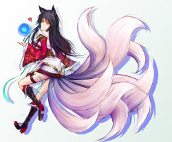Rule 34 | 1girl, absurdres, ahri (league of legends), animal ears, bare shoulders, black hair, boots, closed mouth, detached sleeves, female focus, fox ears, fox tail, heart, high heels, highres, hⅱro, league of legends, long hair, long sleeves, looking at viewer, magic, sleeves past wrists, smile, solo, tail, traditional clothes, white background, yellow eyes