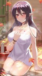Rule 34 | 1girl, absurdres, amahara subaru, anchor symbol, autumn leaves, black hair, blurry, bracelet, breasts, collarbone, commentary, cowboy shot, depth of field, hair between eyes, hand on own chest, hand up, highres, indie virtual youtuber, isonade orca, jewelry, large breasts, leaf, long hair, looking at viewer, maple leaf, multicolored hair, naked towel, petals, pointy ears, red eyes, sidelocks, sitting, skin tight, smile, solo, streaked hair, symbol-only commentary, towel, virtual youtuber, water, wet, wooden floor