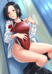 Rule 34 | 1girl, :d, bare shoulders, bench, black hair, black socks, bow, bowtie, breasts, clothes pull, competition swimsuit, dress shirt, from above, groin, hair intakes, half-closed eyes, hands up, highres, indoors, kneehighs, knees up, kyuuso inukami, lips, looking at viewer, lying, no shoes, off shoulder, on back, one-piece swimsuit, open clothes, open mouth, open shirt, original, parted bangs, red bow, red bowtie, red one-piece swimsuit, shirt, short hair, skirt, skirt around one leg, sleeves rolled up, smile, socks, solo, swimsuit, swimsuit under clothes, undone bowtie