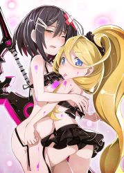 Rule 34 | 2girls, ahoge, alice (mary skelter), ass, bikini, bikini skirt, bikini top lift, black bikini, black hair, blonde hair, blush, clothes lift, frilled bikini, frills, hair ornament, hairclip, highres, huge weapon, leg between thighs, licking, long hair, looking at viewer, mary skelter, messy, multiple girls, nanameda kei, official art, open mouth, rapunzel (mary skelter), short hair, swimsuit, sword, tongue, tongue out, untied bikini, weapon, wince