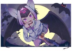 Rule 34 | 1girl, :p, animal ears, bat (animal), bat ears, bat girl, bat wings, black hair, boots, commentary request, common vampire bat (kemono friends), extra ears, fang, flying, frilled skirt, frills, full moon, highres, juice, kemono friends, long sleeves, moon, multicolored hair, neckerchief, pantyhose, pink hair, pleated skirt, purple eyes, purple neckerchief, purple pantyhose, purple skirt, rakugakiraid, sailor collar, school uniform, serafuku, short hair, skirt, solo, sweater, tomato juice, tongue, tongue out, white hair, white sweater, wings