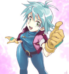 Rule 34 | 1girl, :d, allenby beardsley, belt, blue bodysuit, blue hair, bodysuit, breasts, commentary request, g gundam, gloves, green eyes, gundam, jacket, jewelry, leaning forward, looking at viewer, medium breasts, mitohakuren, necklace, open mouth, short hair, skin tight, smile, solo, teeth, thumbs up, upper teeth only