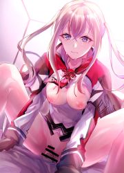 Rule 34 | 1boy, 1girl, bar censor, betti (maron), blonde hair, blue eyes, blush, bottomless, breasts, censored, clothes lift, cowgirl position, cum, cum in pussy, dutch angle, gloves, graf zeppelin (kancolle), groin, hetero, highres, kantai collection, large breasts, long hair, nipples, penis, sex, shirt lift, solo focus, straddling, sweat, thighs, vaginal