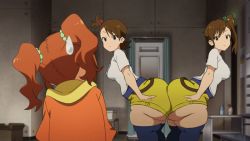 Rule 34 | 3girls, anime screenshot, ass, ass-to-ass, ass press, breasts, brown hair, chetrippo, derivative work, futami ami, futami mami, huge ass, idolmaster, idolmaster (classic), looking at another, lowres, multiple girls, screenshot redraw, shirt, short sleeves, shorts, siblings, sisters, sweatdrop, takatsuki yayoi, thick thighs, thighhighs, thighs, third-party edit, twintails