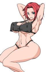 Rule 34 | 1girl, arms up, artist request, blue eyes, breasts, code geass, curvy, kouzuki kallen, large breasts, looking at viewer, navel, panties, red hair, simple background, solo, thong, underwear, underwear only, weights, white background, wide hips