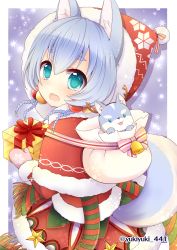 Rule 34 | 1girl, :d, animal, animal ears, beanie, bell, blue eyes, blue hair, blush, box, braid, capelet, commentary request, dress, fur-trimmed capelet, fur-trimmed dress, fur-trimmed headwear, fur trim, gift, gift box, hat, holding, holding gift, koyomi (shironeko project), looking at viewer, looking back, mittens, open mouth, pink mittens, red capelet, red dress, red hat, sack, shironeko project, smile, snowflakes, star (symbol), tail, tarou (shironeko project), teeth, twitter username, upper teeth only, wolf, wolf ears, wolf girl, wolf tail, yukiyuki 441