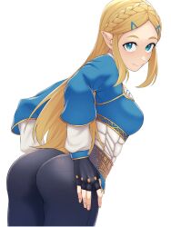 Rule 34 | 1girl, ass, blonde hair, blue eyes, braid, breasts, closed mouth, commentary request, fingerless gloves, from behind, gloves, hair ornament, hairclip, hand on own hip, highres, kobaji, long hair, looking at viewer, medium breasts, nintendo, pants, pantylines, pointy ears, princess zelda, sidelocks, smile, solo, the legend of zelda, the legend of zelda: breath of the wild