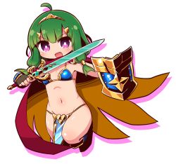 Rule 34 | 1girl, :d, ahoge, armor, bare shoulders, bikini armor, blue footwear, blush, boots, breasts, brown cape, cape, colored shadow, commentary request, drop shadow, etrian odyssey, fingerless gloves, full body, gloves, green hair, grey gloves, groin, hair ornament, hairclip, hero (sekaiju), highres, holding, holding sword, holding weapon, knee boots, long hair, multicolored cape, multicolored clothes, naga u, navel, open mouth, pelvic curtain, purple eyes, red cape, sekaiju no meikyuu, sekaiju no meikyuu x, shadow, shield, sidelocks, small breasts, smile, solo, sword, teeth, tiara, two-sided cape, two-sided fabric, upper teeth only, v-shaped eyebrows, weapon, white background