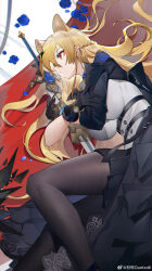 Rule 34 | 1girl, absurdres, animal ears, black coat, black gloves, black skirt, blonde hair, blue flower, blue rose, braid, breasts, closed mouth, coat, commentary request, feet out of frame, flower, gloves, grey pantyhose, highres, holding, holding sword, holding weapon, large breasts, lion ears, lion girl, long hair, mirror (project mirror), pantyhose, pleated skirt, project mirror, red eyes, rose, shirt, skirt, solo, sword, very long hair, weapon, white shirt, yushe quetzalli
