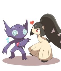 Rule 34 | arms behind back, closed mouth, commentary, creatures (company), flying sweatdrops, game freak, gen 3 pokemon, heart, highres, leg up, mawile, nintendo, pokemon, pokemon (creature), red eyes, sableye, shabana may, smile, standing, standing on one leg, white background