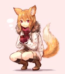 Rule 34 | 1girl, animal ears, blonde hair, boots, can, canned coffee, coat, drink can, fox ears, fox girl, fox tail, fur-trimmed coat, fur trim, gloves, highres, original, red eyes, shorts, solo, squatting, sukemyon, tail