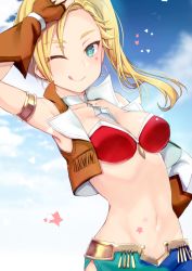 Rule 34 | 1girl, ;q, ameshizuku natsuki, arm up, armpits, bare shoulders, bikini, bikini top only, blonde hair, blue sky, blush, breasts, brown gloves, brown vest, calamity jane (fate), character request, cleavage, closed mouth, cloud, cloudy sky, collarbone, commentary request, cropped vest, day, detached sleeves, fate/grand order, fate (series), fingerless gloves, forehead, gloves, green eyes, groin, hand on own hip, long hair, looking at viewer, medium breasts, navel, one eye closed, open clothes, open vest, outdoors, parted bangs, red bikini, side ponytail, single detached sleeve, sky, smile, solo, star (symbol), swimsuit, tongue, tongue out, two-tone shorts, vest, white sleeves