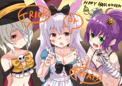 Rule 34 | 3girls, :d, alice (alice in wonderland), alice (alice in wonderland) (cosplay), alice in wonderland, animal ears, apron, ayanami (azur lane), azur lane, bandage over one eye, bare shoulders, belt, belt bra, belt buckle, black belt, black bow, black cat, blood, blood on clothes, blood on face, blue dress, blush, bolt (hardware), bow, breasts, brown eyes, buckle, cape, cat, claw pose, collarbone, commentary request, cosplay, dress, fingerless gloves, fingernails, gloves, green nails, hair between eyes, hair bow, hairband, halloween, hands up, happy halloween, hat, jack-o&#039;-lantern, javelin (azur lane), laffey (azur lane), long hair, looking at viewer, mini hat, multicolored cape, multicolored clothes, multiple girls, nail polish, navel, off shoulder, open mouth, ponytail, puffy short sleeves, puffy sleeves, purple hair, rabbit ears, red cape, red hairband, red nails, short sleeves, silver hair, small breasts, smile, strap slip, striped clothes, striped gloves, trick or treat, tsukiman, twintails, very long hair, white apron, white gloves, yellow bow