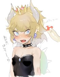 Rule 34 | 1girl, ^^^, aged down, bad id, bad twitter id, bare shoulders, black dress, blonde hair, blue gemstone, blush, bowsette, breasts, cleavage, collar, covered erect nipples, cropped torso, crown, dress, earrings, fangs, from side, gem, highres, horns, jewelry, mario (series), mushroom, new super mario bros. u deluxe, nintendo, ohisashiburi, open mouth, pointy ears, ponytail, protected link, purple eyes, scowl, sexually suggestive, simple background, small breasts, solo, spiked collar, spikes, strapless, strapless dress, super crown, sweatdrop, thick eyebrows, upper body, v-shaped eyebrows, white background, wide-eyed