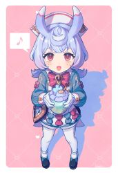 Rule 34 | 1girl, 39 iduki, animal ears, blue hair, blush, bow, cup, dress, full body, genshin impact, gloves, hat, highres, holding, holding cup, long sleeves, looking at viewer, milkshake, multicolored hair, musical note, open mouth, pantyhose, red bow, red eyes, shadow, shoes, sigewinne (genshin impact), signature, simple background, solo, spoken musical note, white gloves, white hair, white hat