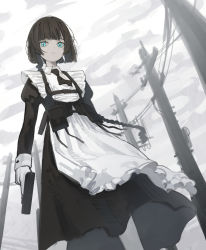 Rule 34 | 1girl, absurdres, apron, black dress, blue eyes, braid, brown hair, closed mouth, dress, feet out of frame, gloves, gun, handgun, highres, holding, holding gun, holding weapon, juliet sleeves, long dress, long sleeves, looking at viewer, maid, maid apron, original, outdoors, pistol, power lines, puffy sleeves, single braid, solo, utility pole, weapon, white apron, white gloves, yoon cook