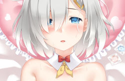 Rule 34 | 10s, 1girl, bare shoulders, blue eyes, blush, condom, condom wrapper, dakimakura (medium), detached collar, frilled pillow, frills, hair ornament, hair over one eye, hairclip, hamakaze (kancolle), kantai collection, looking at viewer, lying, on back, open mouth, pillow, portrait, ren san, short hair, silver hair, solo, sweat