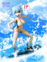 Rule 34 | 1girl, action figure, aijzeni, barefoot, beach, breasts, completely nude, embarrassed, exhibitionism, forest summer fantasy girls, heterochromia, huge breasts, model kit, navel, nipples, nude, nuke matrix, open mouth, photo (medium), public indecency, short hair, sky, surfboard, surfing, toy
