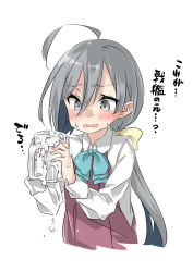 Rule 34 | 10s, 1girl, ahoge, blue bow, blue bowtie, blush, bow, bowtie, collared shirt, commentary request, cup, dress, ebifurya, eyebrows, grey eyes, grey hair, hair between eyes, hair ribbon, highres, holding, kantai collection, kiyoshimo (kancolle), long hair, long sleeves, mug, open mouth, pink dress, ponytail, ribbon, shirt, simple background, sleeveless, solo, suggestive fluid, sweat, translated, upper body, white background, white shirt, yellow ribbon