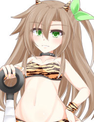Rule 34 | amo chenbe, amoti moti, animal ears, annoyed, armband, bangle, bare shoulders, bikini, bracelet, breasts, brown hair, cat ears, cat girl, choker, cleavage, flustered, frown, green eyes, annoyed, highres, if (neptunia), jewelry, long hair, navel, neptune (series), ponytail, sidetail, small breasts, swimsuit, tiger, tiger ears