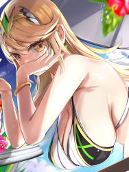 Rule 34 | 1girl, adapted costume, armpits, bare shoulders, beach umbrella, bikini, blonde hair, blue sky, bracelet, breasts, brown eyes, cleavage, day, from side, hanging breasts, jewelry, large breasts, leaning forward, long hair, looking at viewer, looking to the side, mythra (massive melee) (xenoblade), mythra (xenoblade), outdoors, sky, solo, swept bangs, swimsuit, table, tiara, tomas (kaosu22), umbrella, upper body, white bikini, xenoblade chronicles (series), xenoblade chronicles 2