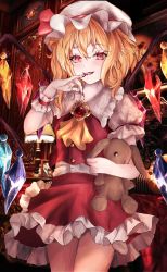 Rule 34 | 1girl, ascot, blonde hair, blood, bow, crystal, drinking blood, flandre scarlet, hat, hat ribbon, highres, holding, holding stuffed toy, mob cap, open mouth, orchid (orukido), puffy sleeves, red eyes, ribbon, shirt, short hair, short sleeves, skirt, smile, solo, stuffed animal, stuffed rabbit, stuffed toy, touhou, wings