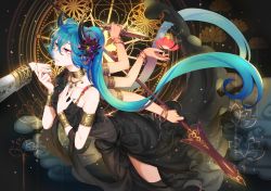 Rule 34 | 1girl, absurdly long hair, aqua eyes, aqua hair, aqua nails, armlet, ashura (rg veda), black background, black dress, black flower, black thighhighs, bracelet, breasts, cloud, collarbone, cowboy shot, dagger, demon girl, dress, extra arms, eyelashes, floating hair, flower, frilled dress, frills, gown, gradient hair, hair between eyes, hair flower, hair ornament, hatsune miku, heart, highres, holding, holding flower, holding weapon, horns, jewelry, knife, light particles, long hair, lotus, magic circle, multicolored hair, nail polish, neck ring, necklace, out of frame, pink eyes, polearm, red flower, ring, ring necklace, see-through, shawl, side slit, small breasts, solo focus, spear, thighhighs, twintails, verus, very long hair, vocaloid, weapon