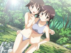 Rule 34 | 2girls, blush, bottomless, bra, breasts, brown eyes, brown hair, gertrud barkhorn, groin, hand on another&#039;s hip, large breasts, long hair, looking at viewer, miyafuji yoshika, multiple girls, nagase yutaka, navel, nipples, no panties, outdoors, panties, pussy, short hair, small breasts, sports bra, standing, strike witches, twintails, underwear, white bra, white panties, world witches series