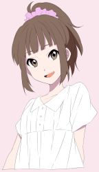 Rule 34 | 10s, 1girl, :d, blunt bangs, brown eyes, brown hair, cropped torso, fang, highres, hisami nanami, looking at viewer, open mouth, pink background, ponytail, scrunchie, sekina, shirt, smile, solo, upper body, wake up girls!, white shirt