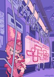 Rule 34 | 1girl, artist name, commentary, english commentary, gauze on cheek, gauze on face, half-closed eyes, hand grip, hat, highres, holding, limited palette, map, nekozneko, nintendo, octoling, octoling girl, octoling player character, purple theme, sitting, solo, splatoon (series), splatoon 2, splatoon 2: octo expansion, tentacle hair, train interior, wide shot