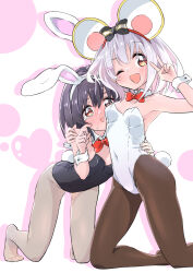 Rule 34 | 2girls, ;d, animal ears, black hair, black leotard, blush, bow, bow hairband, bowtie, brown pantyhose, commentary request, crying, crying with eyes open, cuff links, detached collar, drop shadow, dual persona, face to breasts, fake animal ears, fake tail, granblue fantasy, grey pantyhose, hair between eyes, hairband, hamioura, hand on another&#039;s shoulder, hand on another&#039;s waist, heart, heart background, highres, leotard, looking at viewer, medium hair, mouse ears, multiple girls, no shoes, nose blush, one eye closed, open mouth, pantyhose, partial commentary, playboy bunny, rabbit ears, rabbit tail, red bow, red bowtie, smile, strapless, strapless leotard, tail, tears, two-tone background, v, vikala (granblue fantasy), white background, white hair, white leotard, wrist cuffs