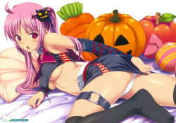 Rule 34 | 1girl, absurdres, ahoge, annoyed, arm support, arm warmers, ass, bed, belt, black thighhighs, blush, breasts, cameltoe, candy, choker, covering privates, covering ass, crop top, feet, food, halloween, highres, jack-o&#039;-lantern, koutaro, large breasts, lying, navel, on side, original, panties, pantyshot, pink eyes, pink hair, pumpkin, shirt, skirt, socks, solo, taut clothes, taut shirt, thigh strap, thighhighs, twintails, underboob, underwear, upskirt, vegetable, white panties