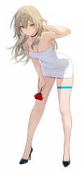 Rule 34 | 1girl, ai-assisted, amiki 2, blonde hair, breasts, clip studio paint (medium), dress, flower, full body, high heels, highres, honkai: star rail, honkai (series), looking at viewer, medium breasts, red flower, red rose, rose, simple background, smile, solo, trailblazer (honkai: star rail), v-shaped eyebrows, white background, white dress, yellow eyes