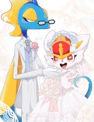 Rule 34 | 2boys, animal ears, animal hands, animal nose, artist name, black-framed eyewear, blue flower, blue gemstone, blue skin, blue vest, blush, body fur, bouquet, bridal veil, bride, brooch, buck teeth, buttons, cinderace, closed mouth, clothed pokemon, collared shirt, colored skin, commentary, corsage, cowboy shot, creatures (company), crossdressing, dated, dress, fins, flower, furry, furry male, furry with furry, game freak, gem, gen 8 pokemon, glasses, gloves, groom, half-closed eyes, hands up, happy, head fins, heart, heart-shaped pupils, highres, holding, holding bouquet, holding hands, husband and husband, inteleon, interspecies, jacket, jewelry, kiki (431642), light blush, lizard tail, long sleeves, male bride, male focus, multicolored skin, multiple boys, necktie, nintendo, open clothes, open jacket, open mouth, pants, pince-nez, pink flower, pink gemstone, pink ribbon, pink rose, pokemon, pokemon (creature), purple necktie, rabbit boy, rabbit ears, red hair, reptile boy, ribbon, rose, shirt, short hair, signature, sleeveless, sleeveless dress, smile, standing, star (symbol), symbol-only commentary, symbol-shaped pupils, tail, tailcoat, teeth, tiara, trap, veil, vest, wedding, wedding dress, white background, white dress, white flower, white fur, white gloves, white jacket, white pants, white rose, white shirt, white theme, yaoi, yellow eyes, yellow headwear, yellow skin