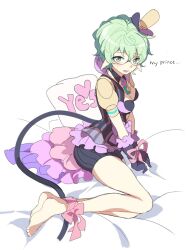 Rule 34 | 1girl, barefoot, bed, bound, bound legs, bound wrists, bra, breasts, cleavage, commentary, core crystal (xenoblade), english commentary, english text, full body, gloves, green eyes, green hair, jacket, looking at viewer, medium breasts, open mouth, pandoria (xenoblade), pillow, pink ribbon, pointy ears, purple bra, purple gloves, purple jacket, purple shorts, ribbon, short hair, shorts, simple background, solo, stephanieh81080, tail, toes, underwear, white background, xenoblade chronicles (series), xenoblade chronicles 2