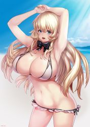 Rule 34 | 1girl, :d, armpits, arms up, atago (kancolle), bare shoulders, bikini, black bow, black bowtie, blonde hair, blue eyes, blue sky, blush, bow, bowtie, breasts, cleavage, cloud, collarbone, commentary request, cowboy shot, curvy, day, detached collar, effort star, eyelashes, frilled bikini, frills, groin, hair between eyes, highres, huge breasts, kantai collection, long hair, looking at viewer, micro bikini, midriff, navel, ocean, open mouth, photoshop (medium), sidelocks, skindentation, sky, smile, solo, standing, stomach, swimsuit, underboob, very long hair, water, white bikini
