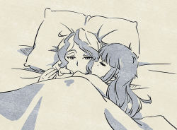 Rule 34 | 2girls, bed, blanket, couple, diana cavendish, hug, kagari atsuko, little witch academia, long hair, looking at another, lying, monochrome, multiple girls, open mouth, pillow, simple background, sleeping, tonton (mathcaca24), under covers, wavy hair, yuri