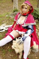 Rule 34 | 1girl, asian, blonde hair, blue eyes, breasts, brooch, chouzuki maryou, cleavage, cosplay, highres, hip focus, jewelry, large breasts, photo (medium), plump, queen&#039;s blade, queen&#039;s blade grimoire, solo, sword, thick thighs, thighs, weapon, wide hips, wolf, zara (queen&#039;s blade), zara (queen&#039;s blade) (cosplay)