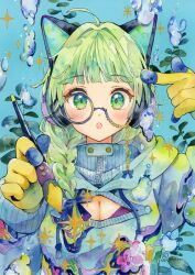 Rule 34 | 1girl, ahoge, animal ear headphones, animal ears, braid, cat ear headphones, cleavage cutout, clothing cutout, drawstring, fake animal ears, gloves, green eyes, green hair, hair over shoulder, hands up, headphones, highres, holding, holding paintbrush, long hair, long sleeves, looking at viewer, monocle, monocle chain, open mouth, original, paintbrush, painting (medium), plant, signature, solo, sparkle, straight-on, traditional media, upper body, water drop, watercolor (medium), yellow gloves, yuyuharu 1027, zipper
